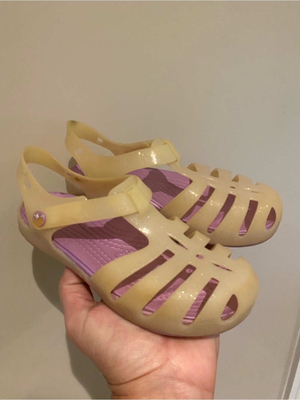 Crocs Isabella Jelly Sandals in Cream and Purple with sparkle- kids size 13